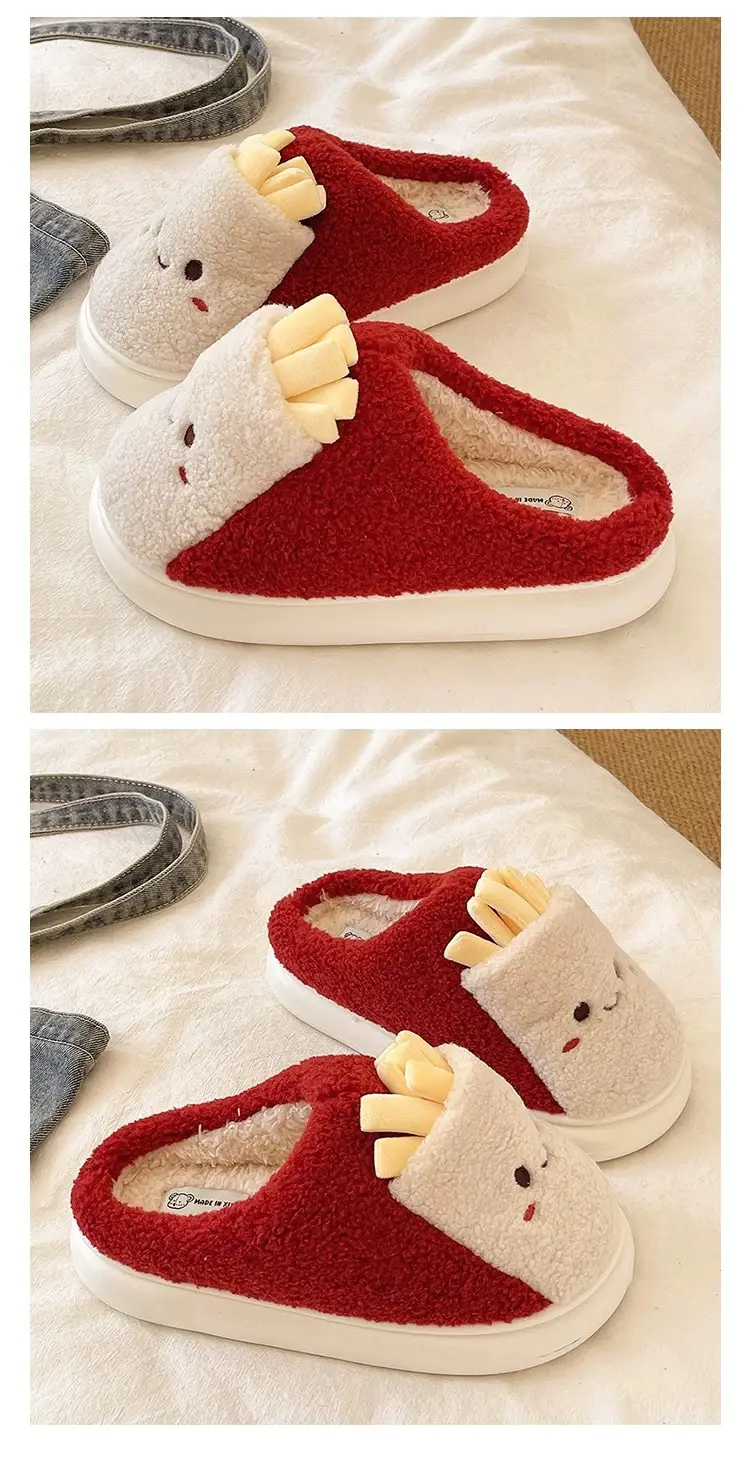Cute French Fries Plush Slippers for Women in Winter Thick-Soled Non-Slip Warm Plush Home Indoor Toe-Cap Cotton Slippers for Outer Wear — feature 2