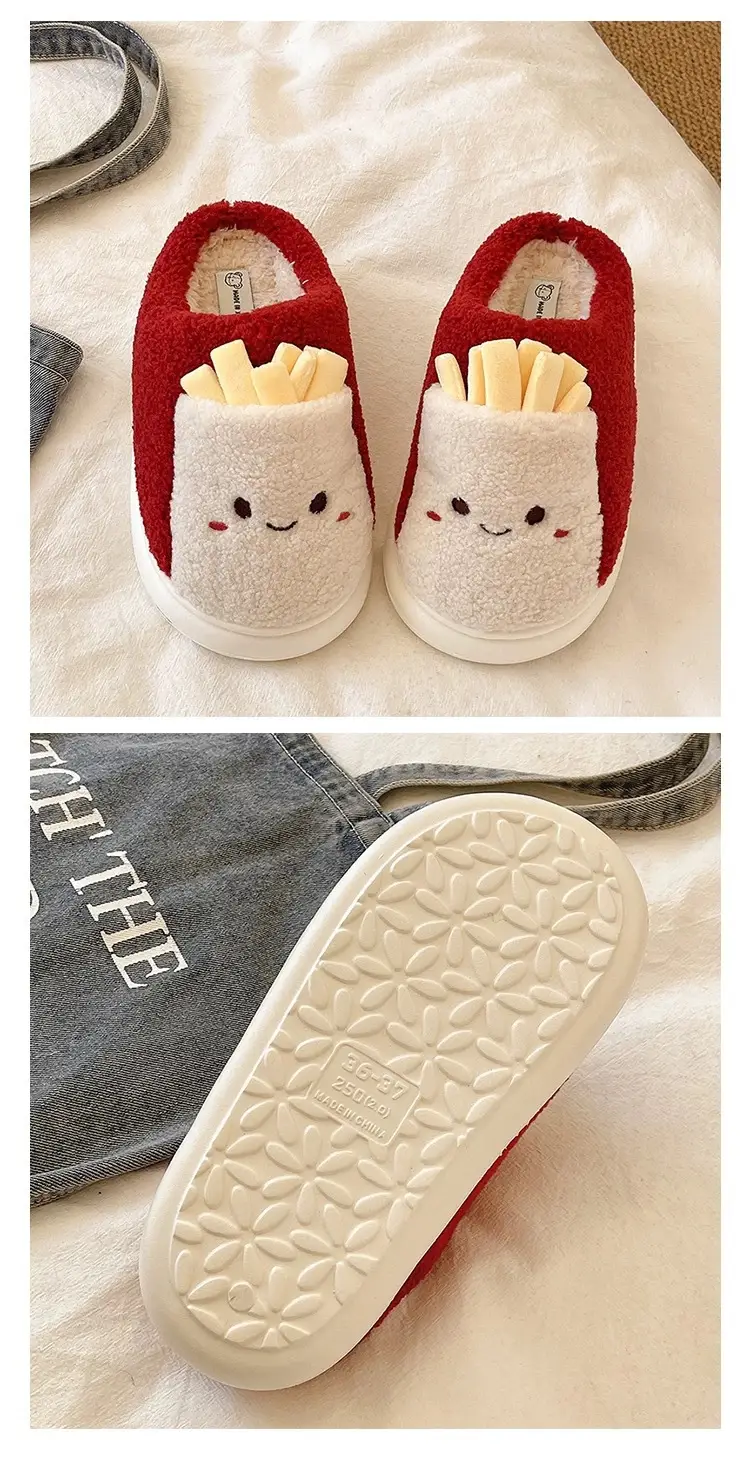 Cute French Fries Plush Slippers for Women in Winter Thick-Soled Non-Slip Warm Plush Home Indoor Toe-Cap Cotton Slippers for Outer Wear — feature 3