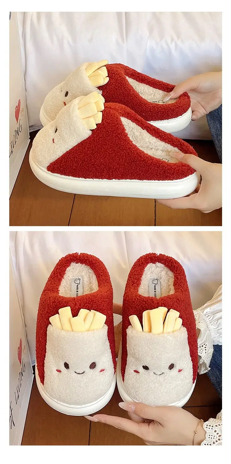 Cute French Fries Plush Slippers for Women in Winter Thick-Soled Non-Slip Warm Plush Home Indoor Toe-Cap Cotton Slippers for Outer Wear — feature 5
