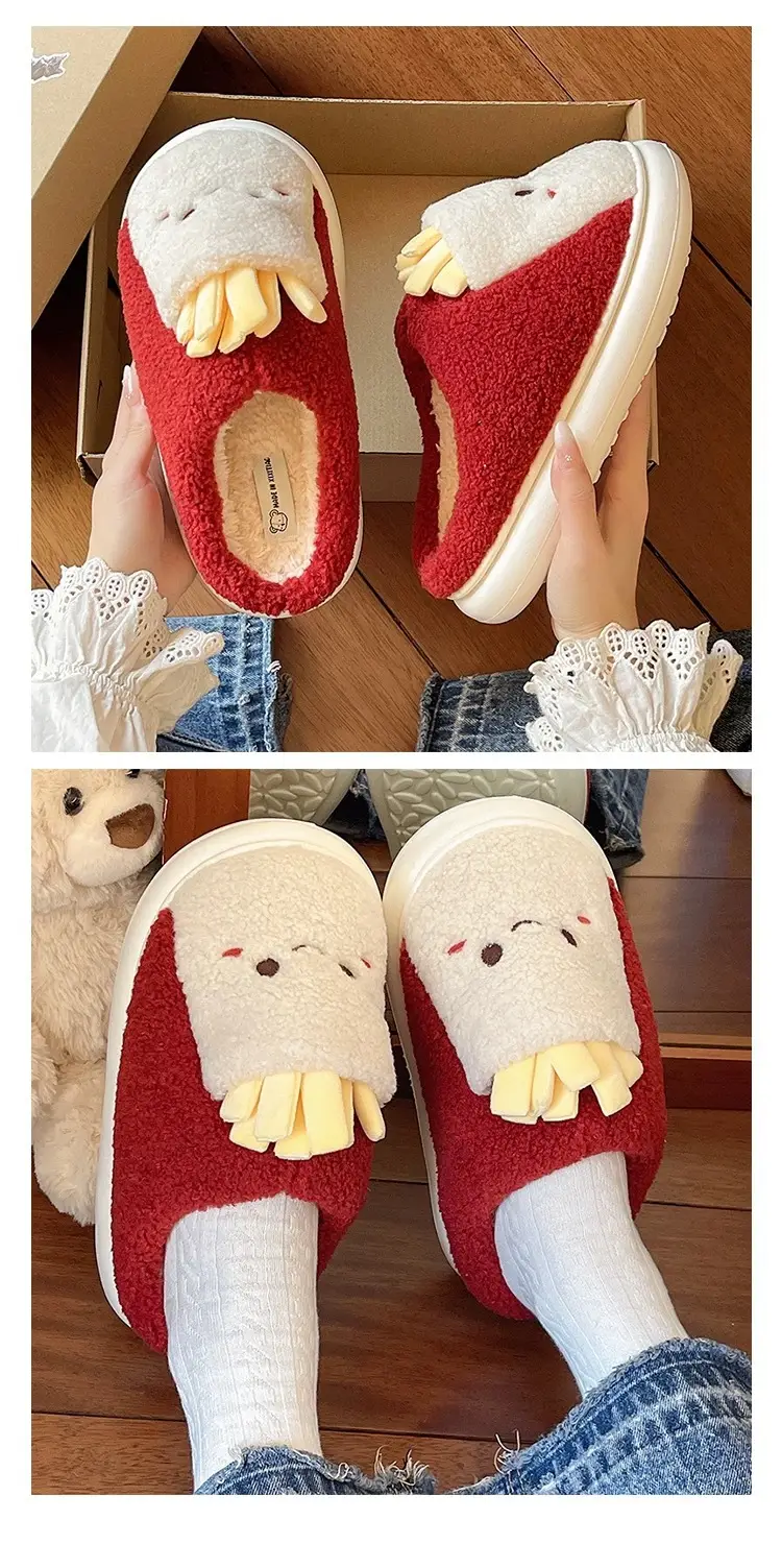 Cute French Fries Plush Slippers for Women in Winter Thick-Soled Non-Slip Warm Plush Home Indoor Toe-Cap Cotton Slippers for Outer Wear — feature 6