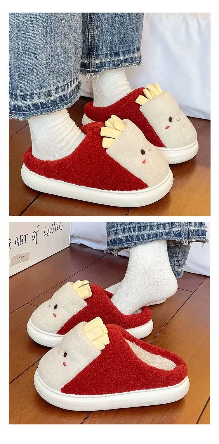 Cute French Fries Plush Slippers for Women in Winter Thick-Soled Non-Slip Warm Plush Home Indoor Toe-Cap Cotton Slippers for Outer Wear — feature 7