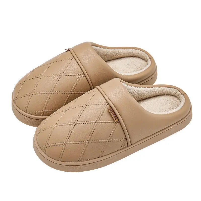 Leather Waterproof Cotton Slippers for Men in Autumn and Winter Indoor Home Non-Slip Bottom Fleece-Lined Warm Couple Style Antibacterial Cotton Slippers - Image 19