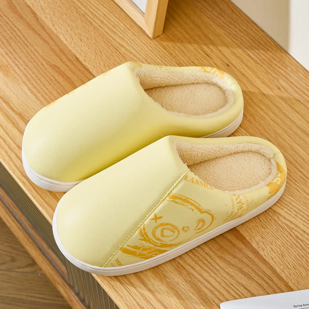 Leather Waterproof Cotton Slippers for Men in Autumn and Winter Indoor Home Non-Slip Bottom Fleece-Lined Warm Couple Style Antibacterial Cotton Slippers - Image 4