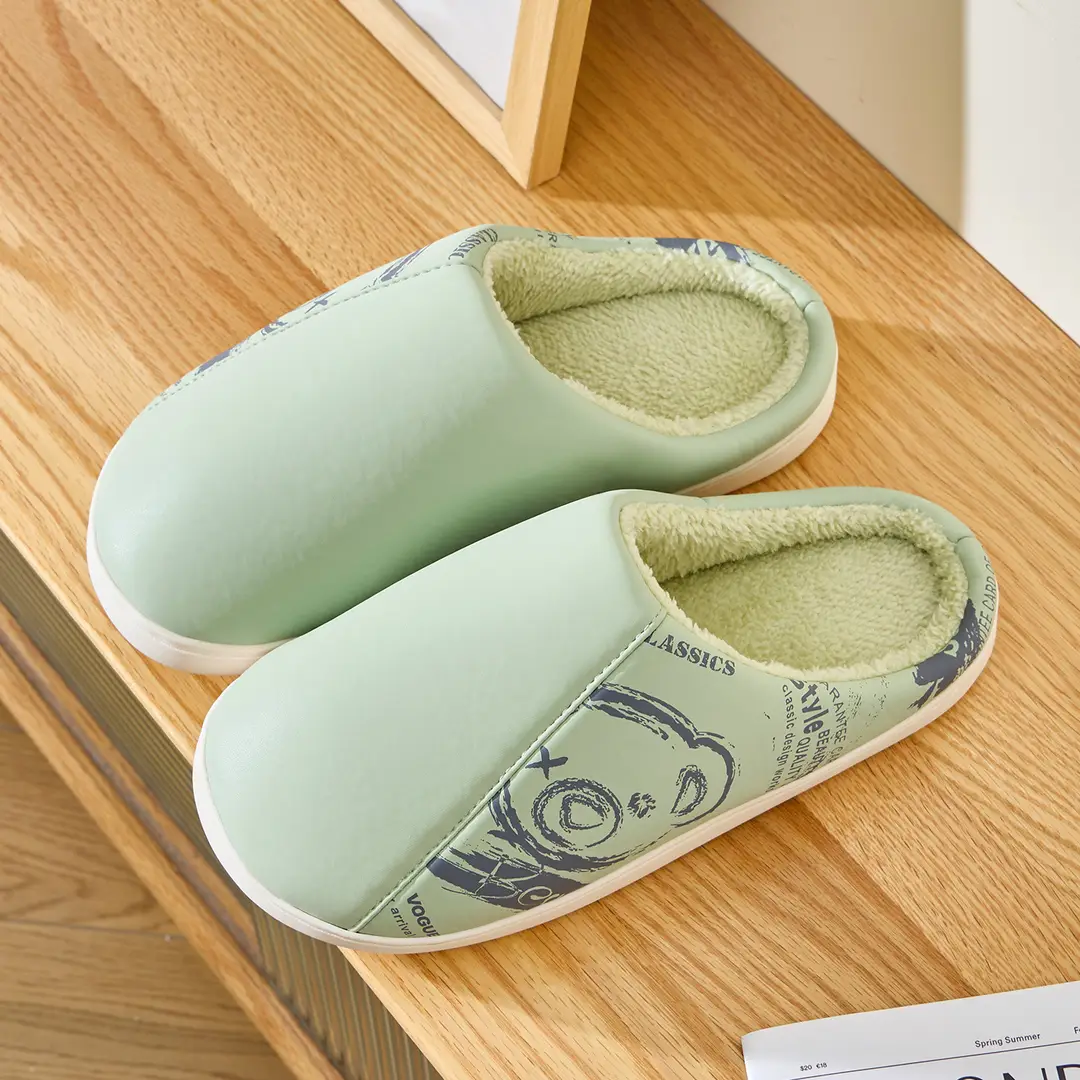 Leather Waterproof Cotton Slippers for Men in Autumn and Winter Indoor Home Non-Slip Bottom Fleece-Lined Warm Couple Style Antibacterial Cotton Slippers - Image 6