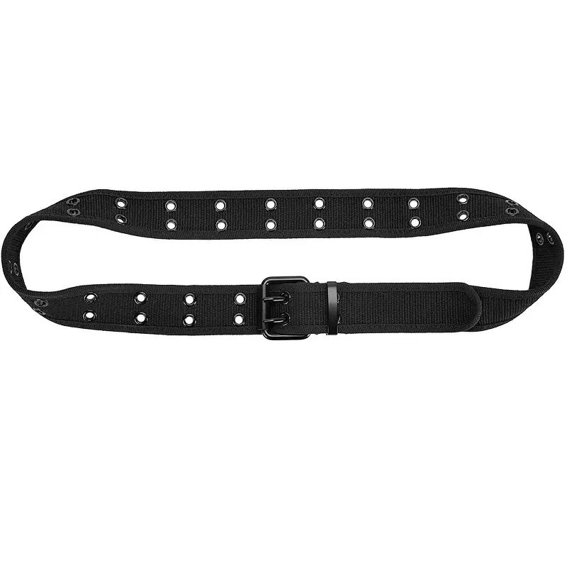 Men Women Double Buckle Canvas Belt Tan - Image 8