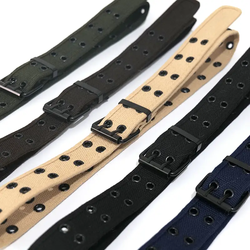 Men Women Double Buckle Canvas Belt Tan - Image 9