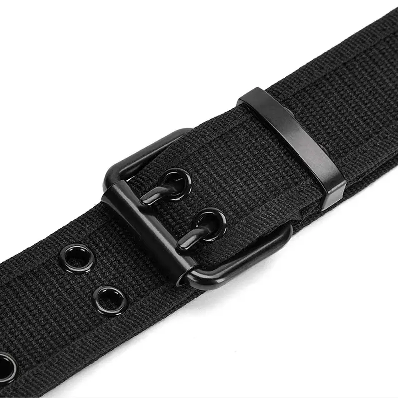 Men Women Double Buckle Canvas Belt Tan - Image 10