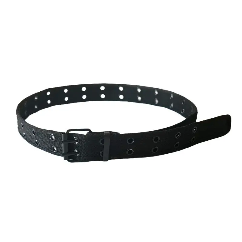 Men Women Double Buckle Canvas Belt Tan - Image 11