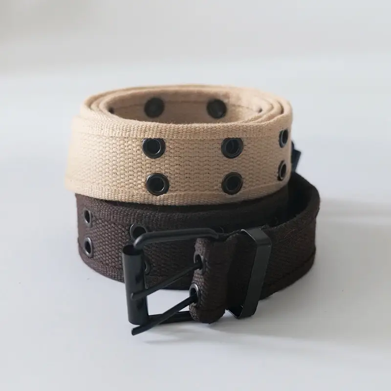 Men Women Double Buckle Canvas Belt Tan — feature 11
