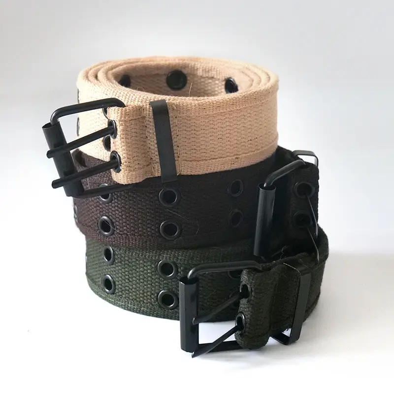 Men Women Double Buckle Canvas Belt Tan — feature 12