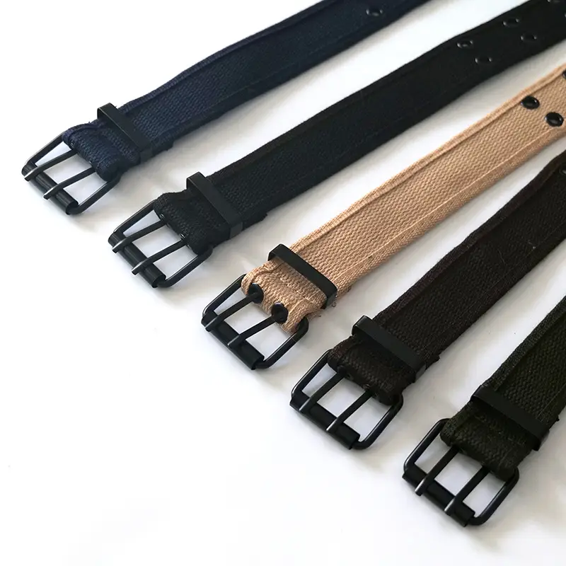 Men Women Double Buckle Canvas Belt Tan — feature 13