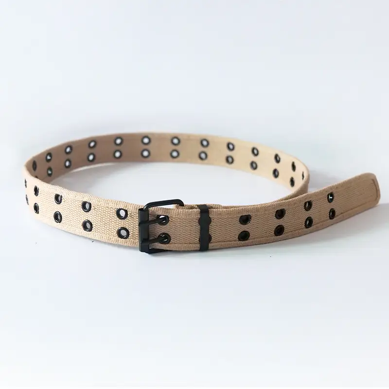 Men Women Double Buckle Canvas Belt Tan — feature 7