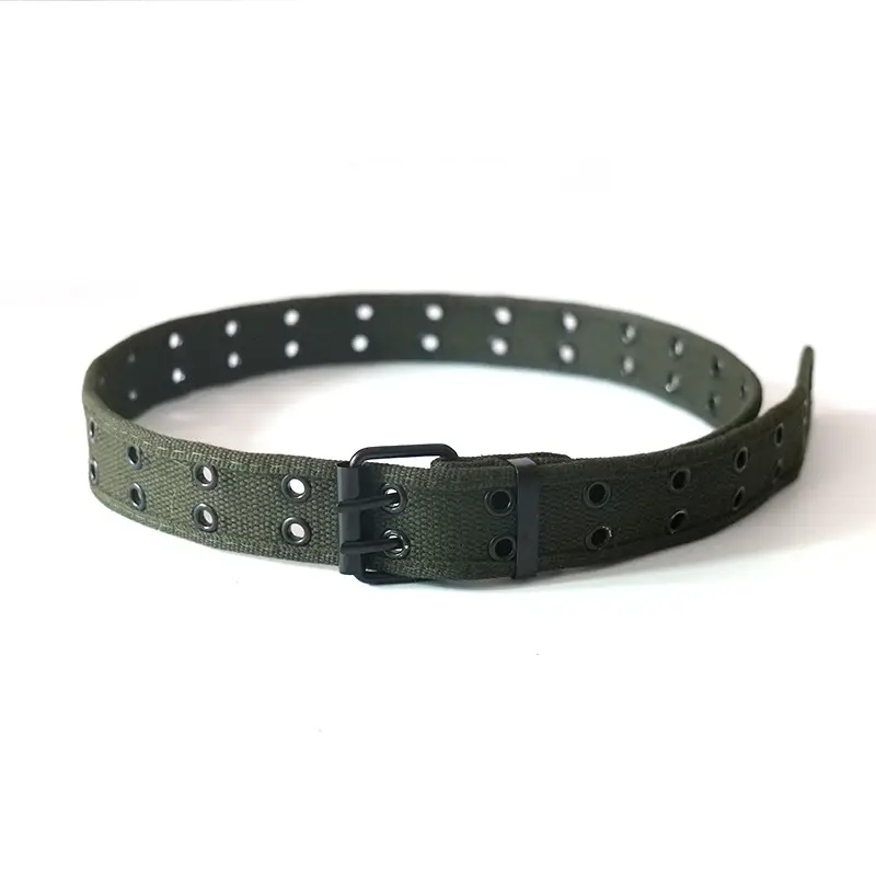 Men Women Double Buckle Canvas Belt Tan - Image 4