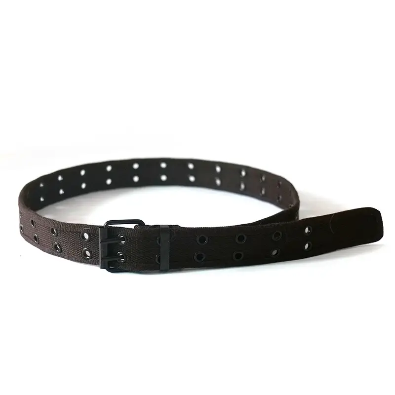 Men Women Double Buckle Canvas Belt Tan - Image 5