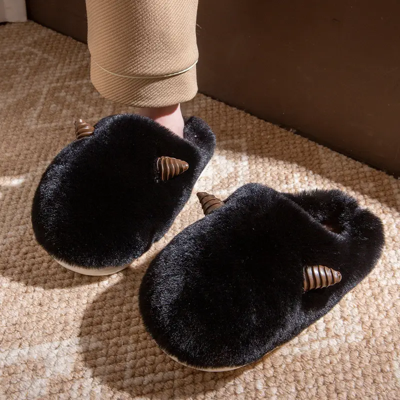 Cute Croissant Cotton Slippers for Women 2025 New Autumn and Winter Indoor Home Non-Slip Warm Furry Slippers for Men