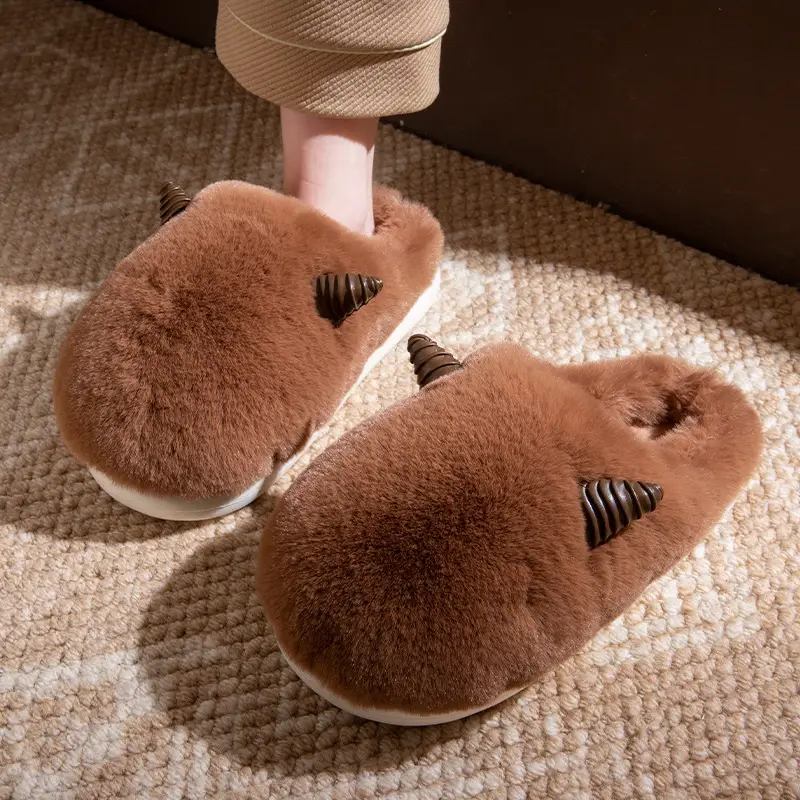 Cute Croissant Cotton Slippers for Women 2025 New Autumn and Winter Indoor Home Non-Slip Warm Furry Slippers for Men - Image 2