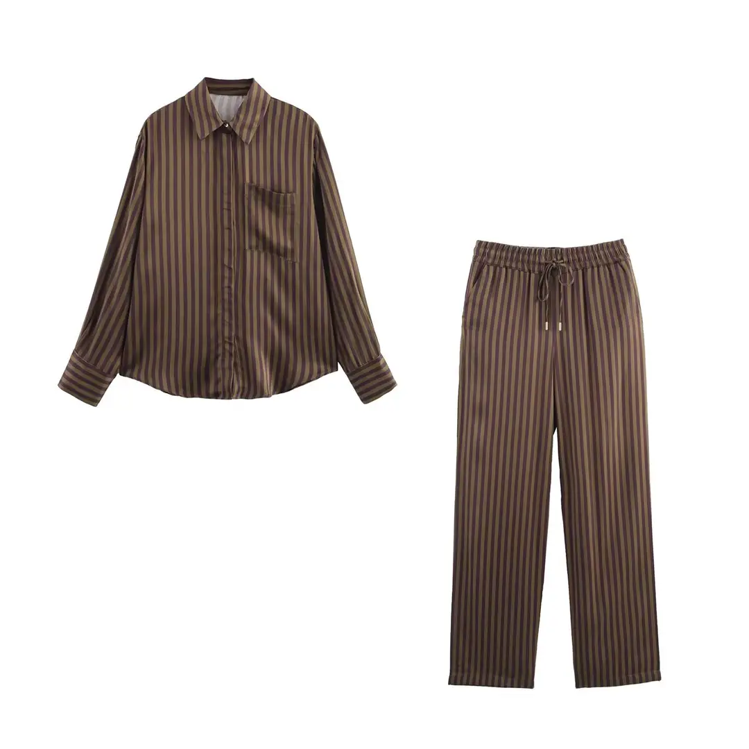 Nssf Homemade European and American Style Export New Women's Clothing Stripesd Silk Satin Texture Shirt Long Pants 229842