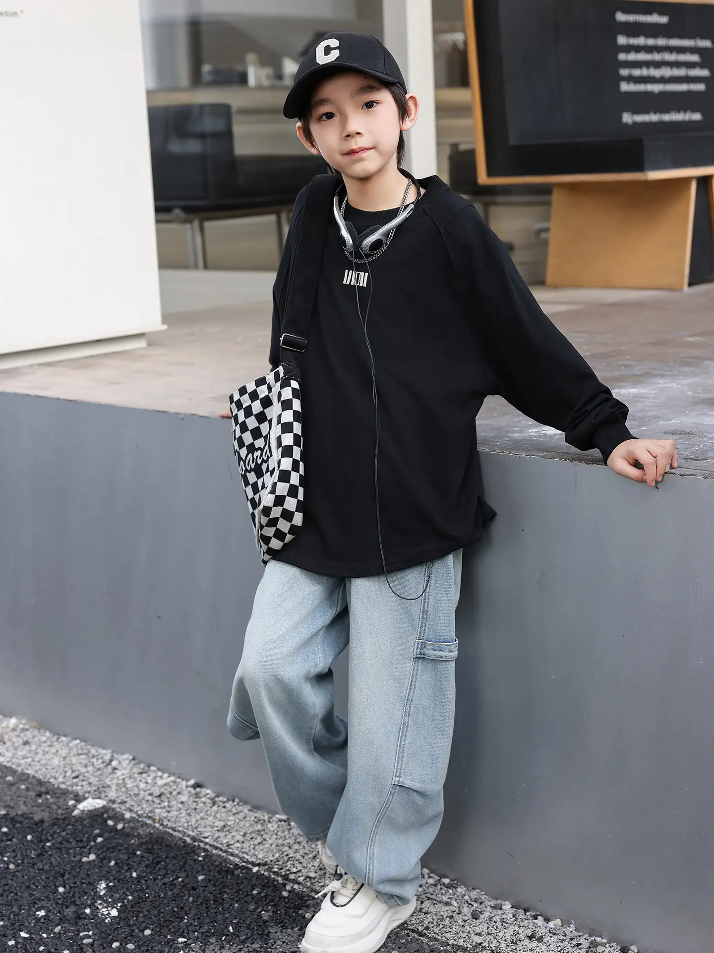 2025 Boys Black Cotton Panda Round T-Shirt - Image 6