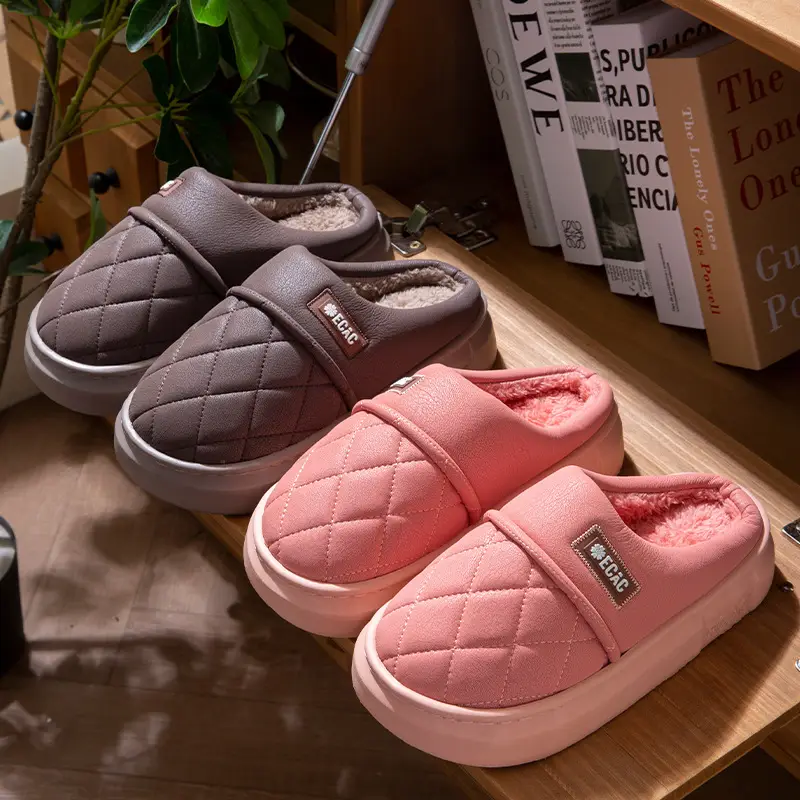 Waterproof Cotton Slippers for Men, Autumn and Winter Outer Wear Thick Soles 2025 New Indoor Home Non-Slip Leather Cotton Slippers for Women