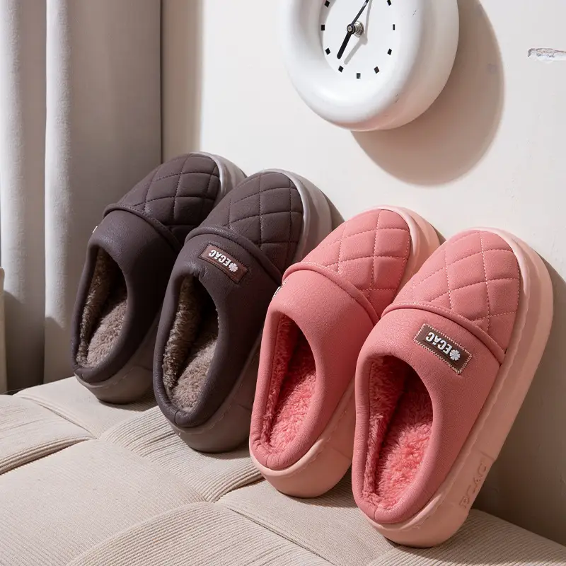 Waterproof Cotton Slippers for Men, Autumn and Winter Outer Wear Thick Soles 2025 New Indoor Home Non-Slip Leather Cotton Slippers for Women