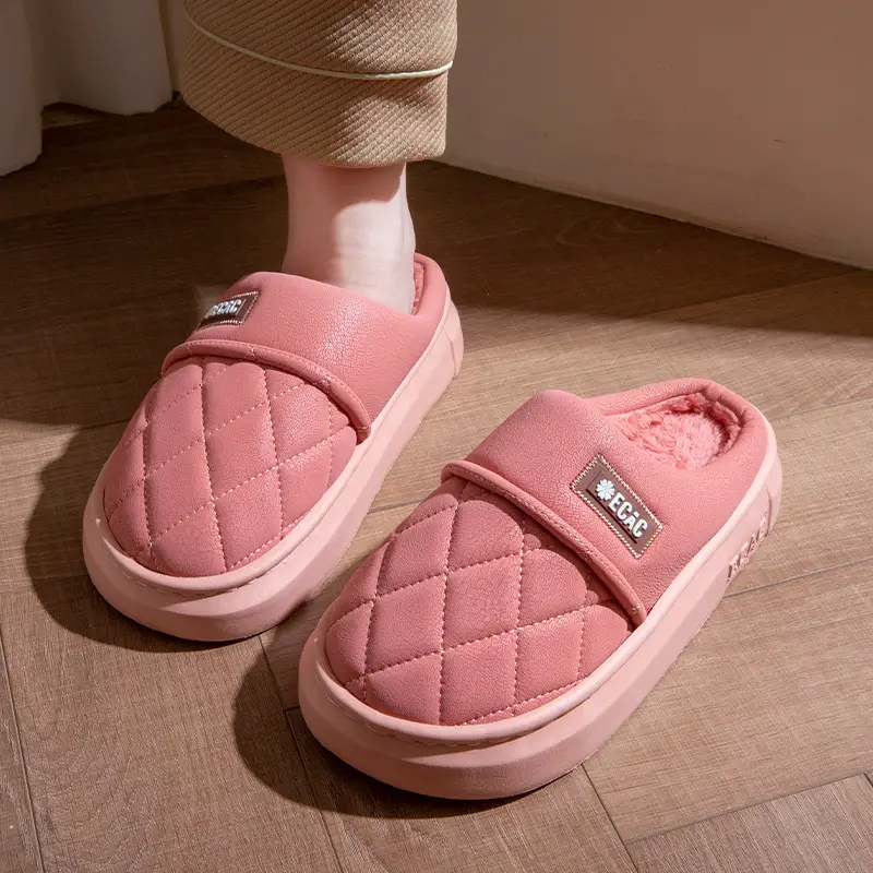 Waterproof Cotton Slippers for Men, Autumn and Winter Outer Wear Thick Soles 2025 New Indoor Home Non-Slip Leather Cotton Slippers for Women