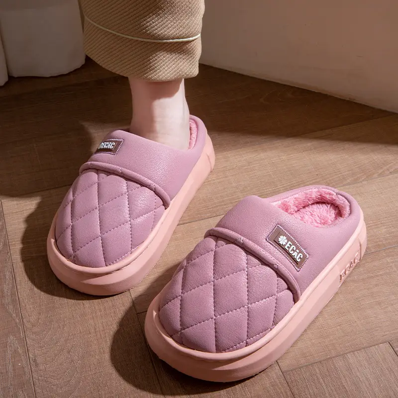 Waterproof Cotton Slippers for Men, Autumn and Winter Outer Wear Thick Soles 2025 New Indoor Home Non-Slip Leather Cotton Slippers for Women