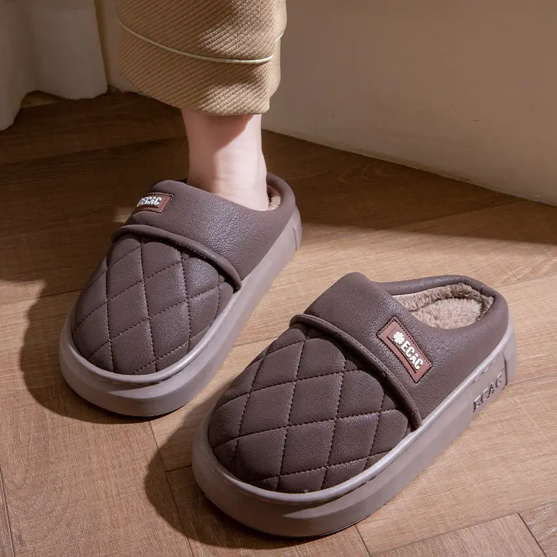Waterproof Cotton Slippers for Men, Autumn and Winter Outer Wear Thick Soles 2025 New Indoor Home Non-Slip Leather Cotton Slippers for Women