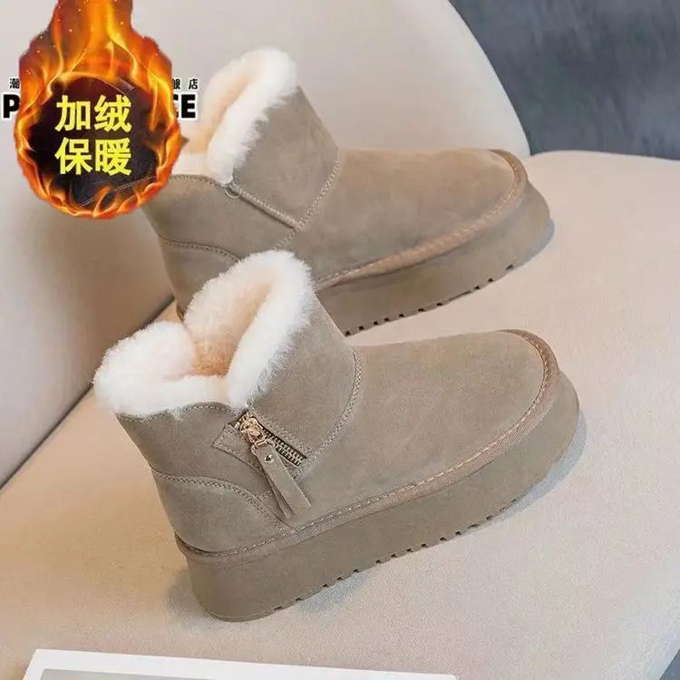 Women's Fleece Lined Snow Boots Black Beige Thick Soles