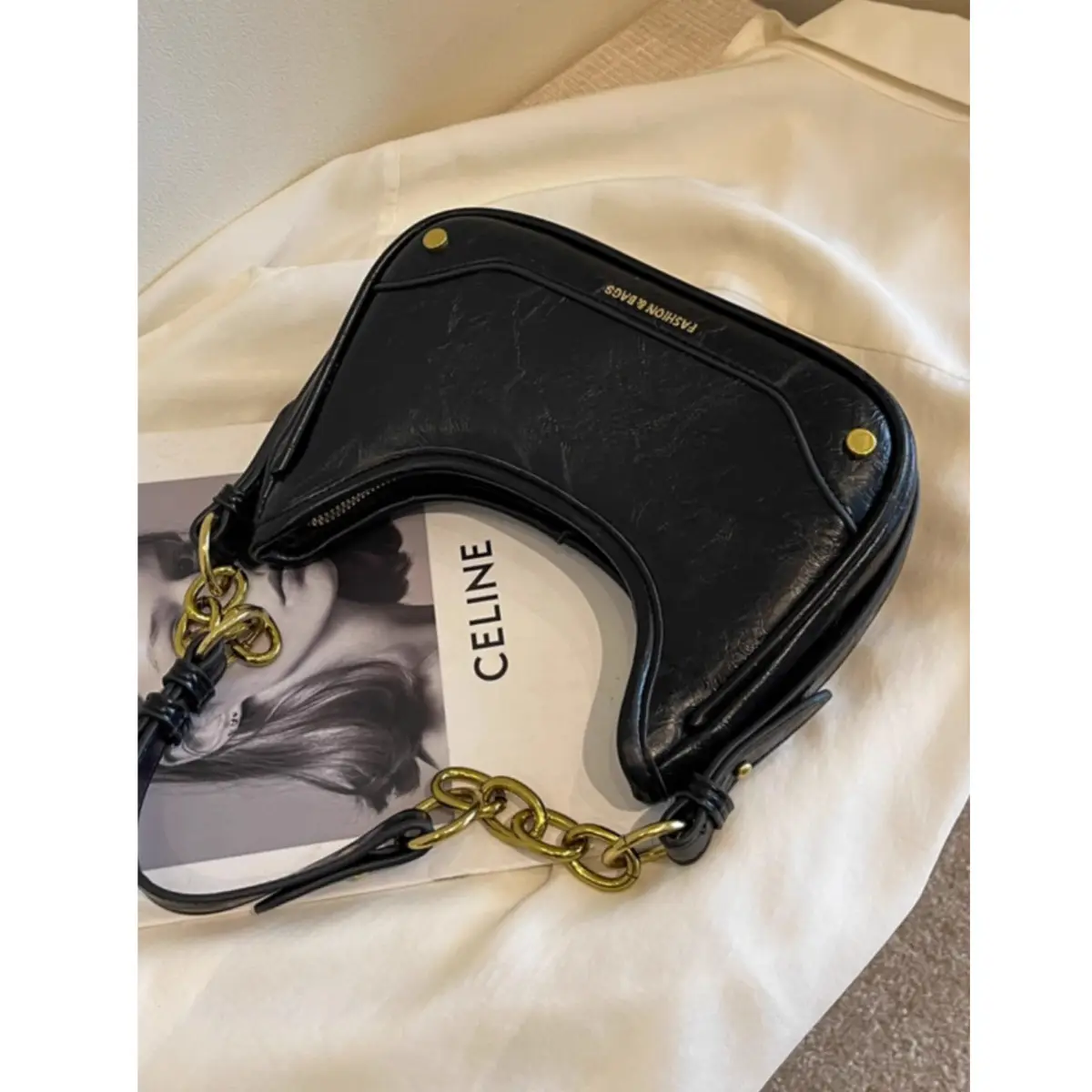 Brown Leather Crescent Bag with Gold Chain for Women - Image 4