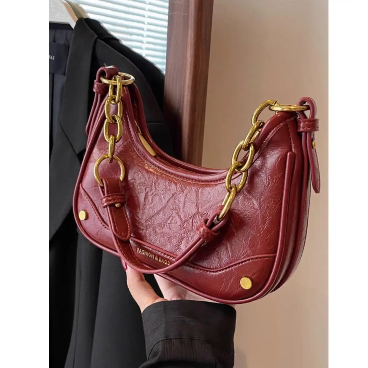 Brown Leather Crescent Bag with Gold Chain for Women - Image 6