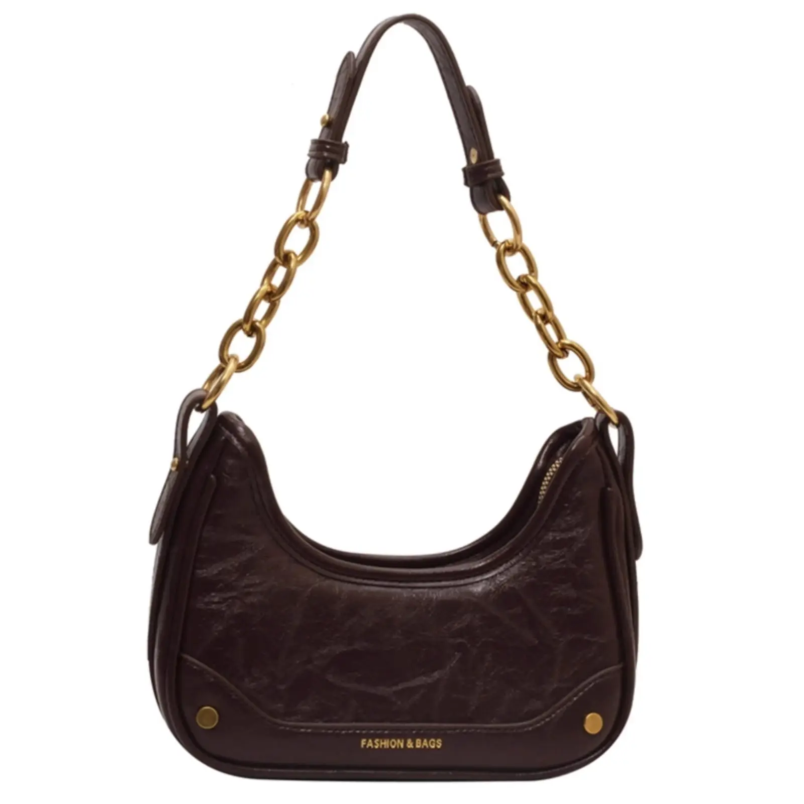 Brown Leather Crescent Bag with Gold Chain for Women - Image 7