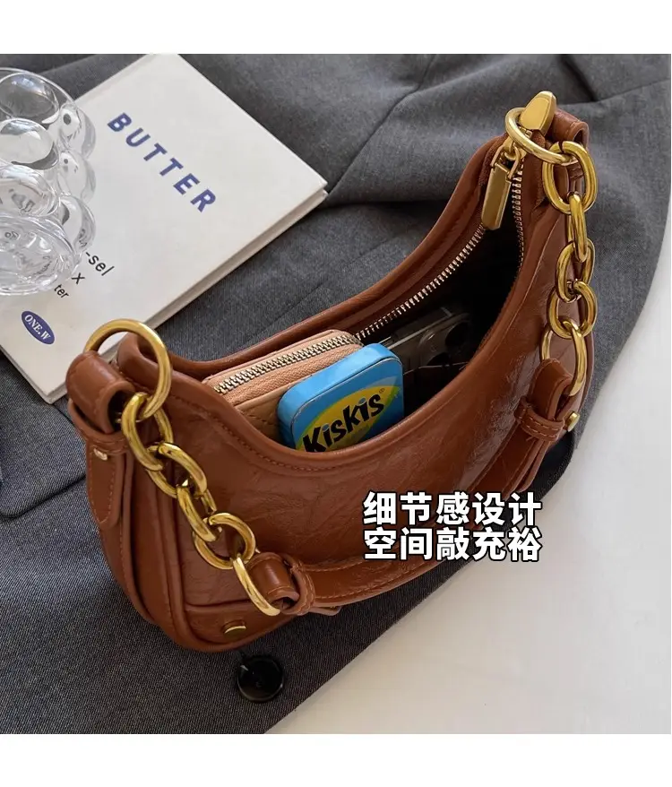Brown Leather Crescent Bag with Gold Chain for Women — feature 10