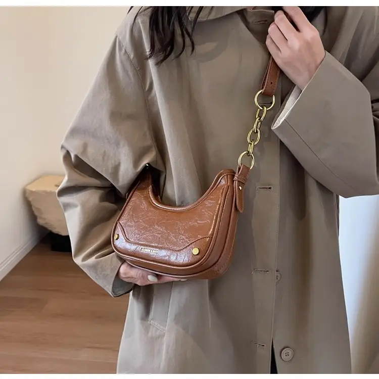 Brown Leather Crescent Bag with Gold Chain for Women — feature 14