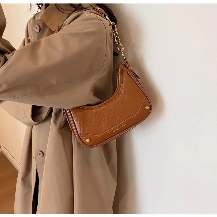 Brown Leather Crescent Bag with Gold Chain for Women — feature 15