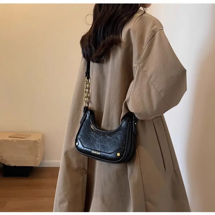 Brown Leather Crescent Bag with Gold Chain for Women — feature 20