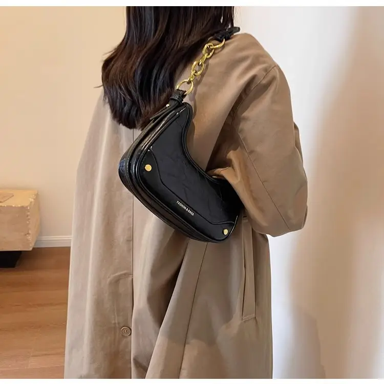 Brown Leather Crescent Bag with Gold Chain for Women — feature 22