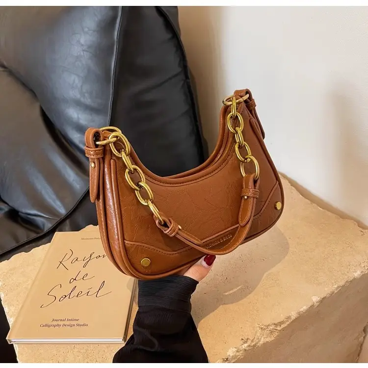 Brown Leather Crescent Bag with Gold Chain for Women — feature 27