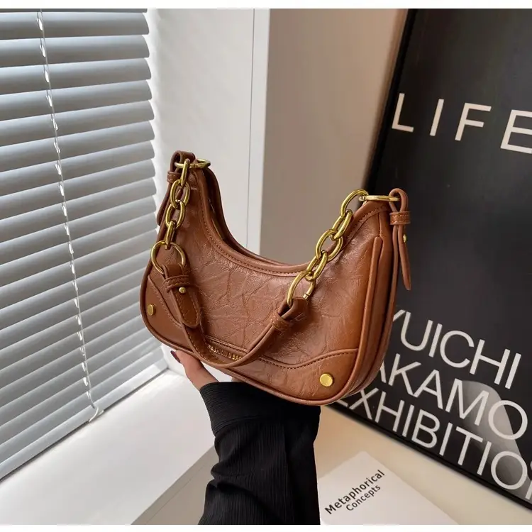 Brown Leather Crescent Bag with Gold Chain for Women — feature 28