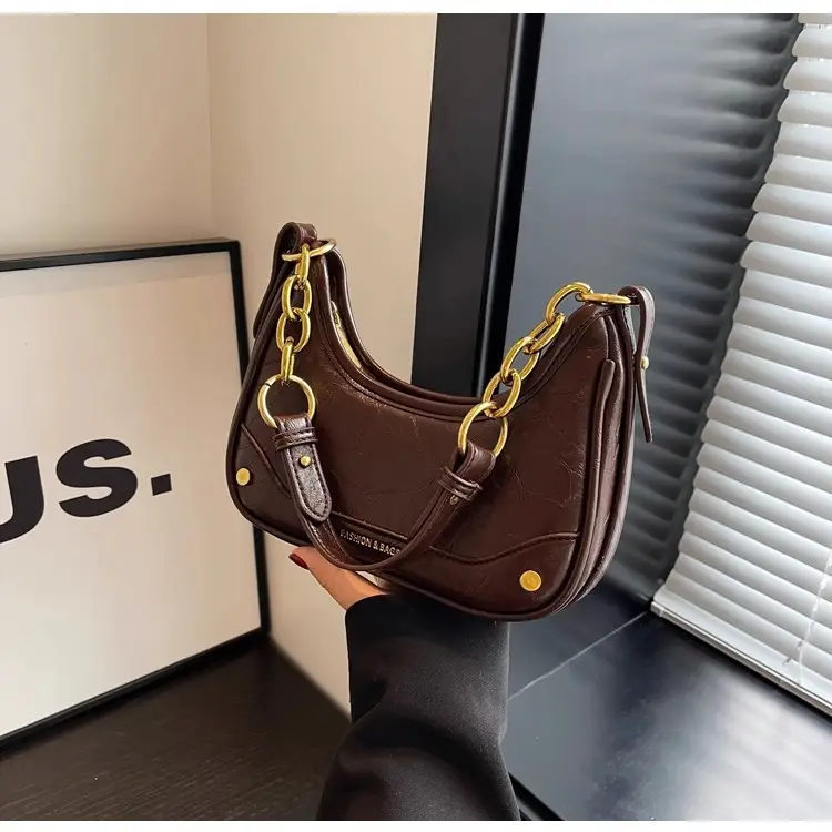 Brown Leather Crescent Bag with Gold Chain for Women — feature 30