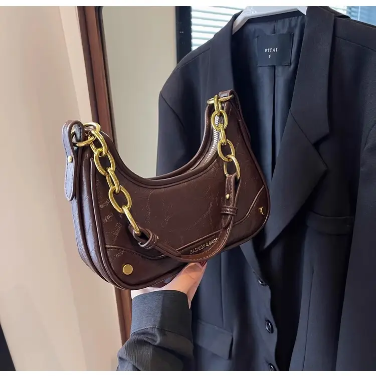 Brown Leather Crescent Bag with Gold Chain for Women — feature 31