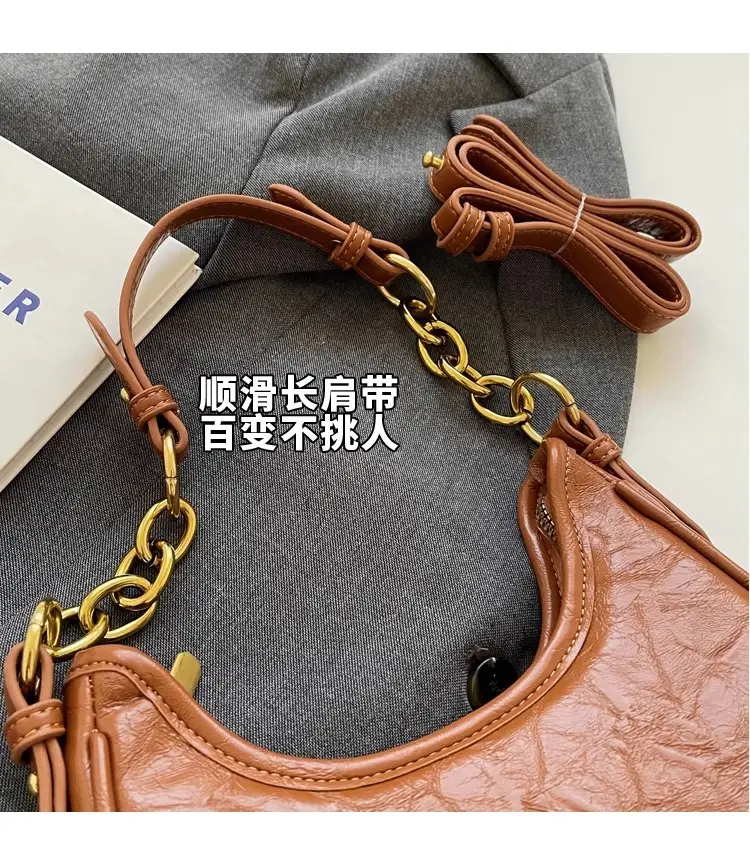 Brown Leather Crescent Bag with Gold Chain for Women — feature 5