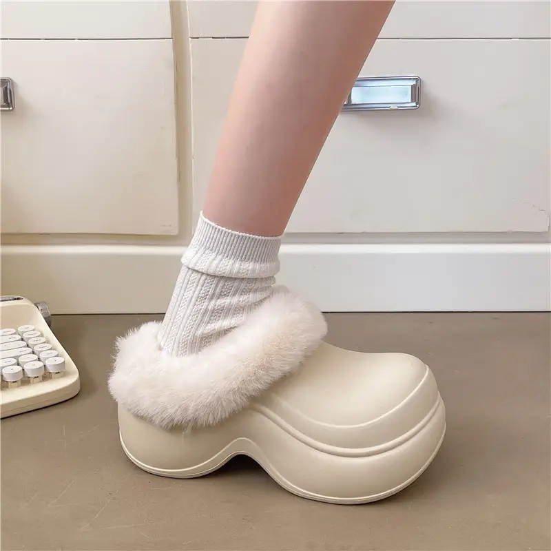 Nanbowan Waterproof Thick-Soled Heightening Toe-Cap Half Slippers for Women to Wear Outside in Winter Fleece-Lined Clogs for Small People Cotton Slippers - Image 7