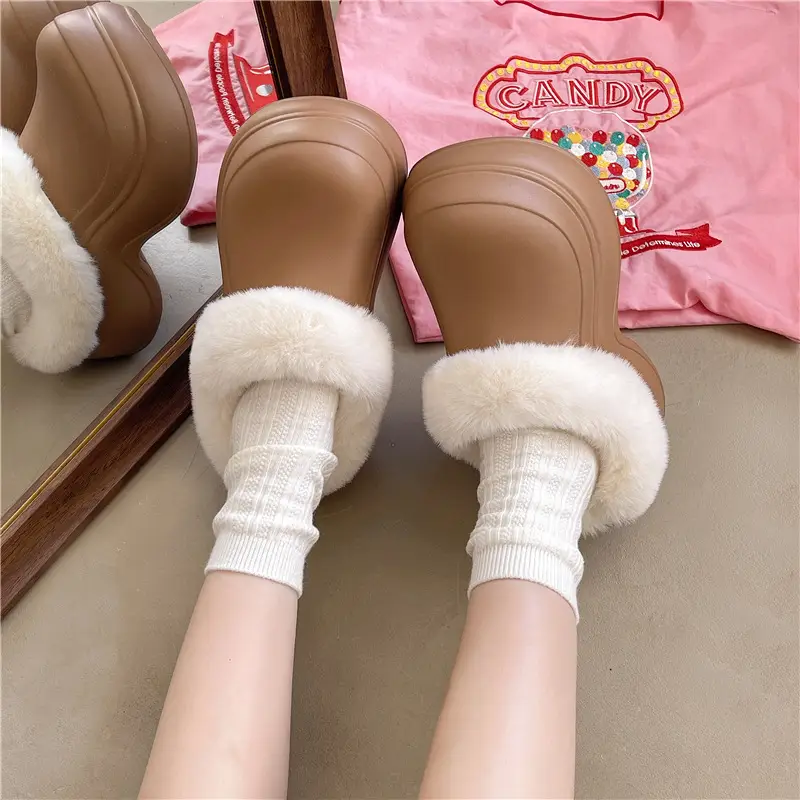 Nanbowan Waterproof Thick-Soled Heightening Toe-Cap Half Slippers for Women to Wear Outside in Winter Fleece-Lined Clogs for Small People Cotton Slippers - Image 8