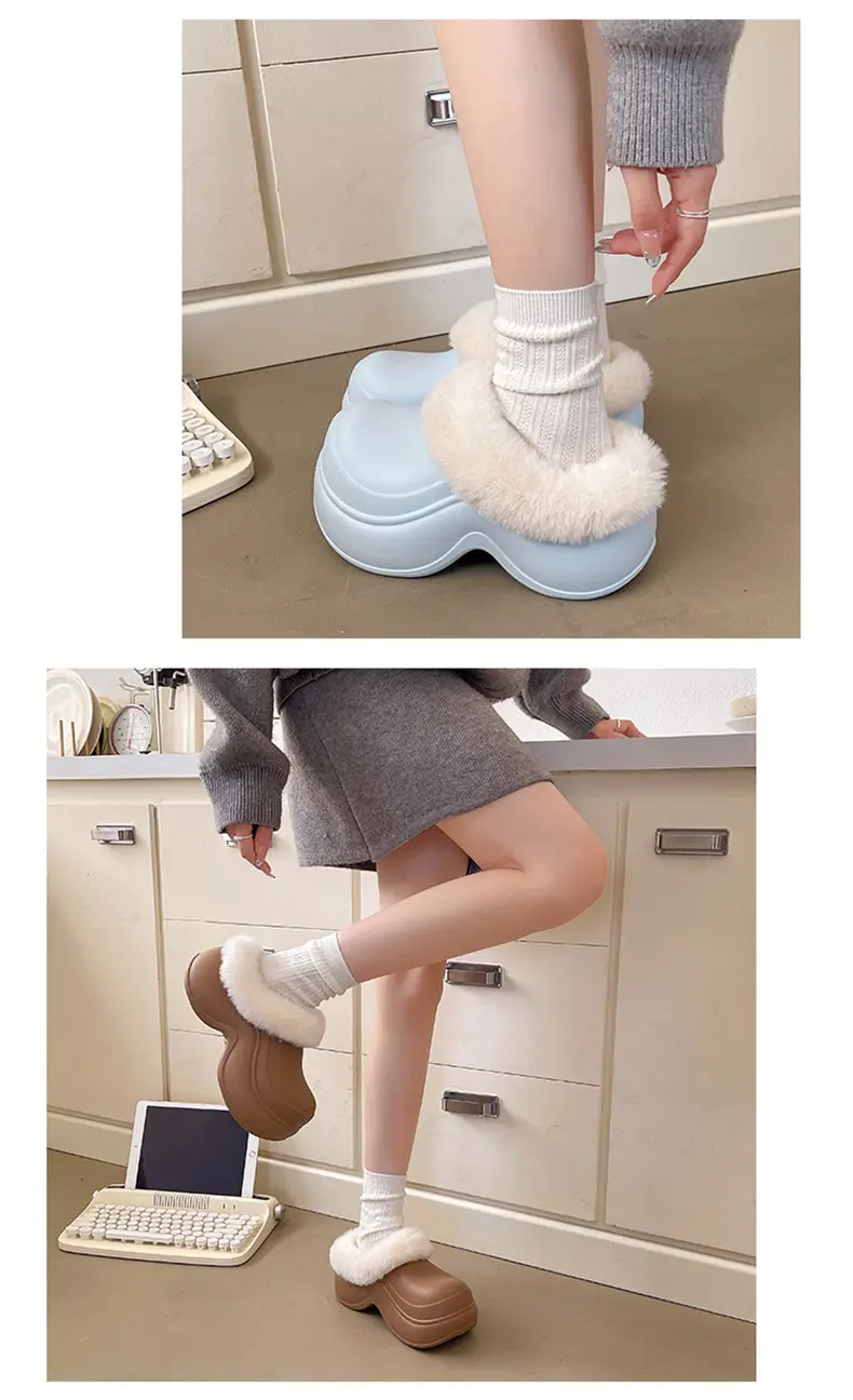 Nanbowan Waterproof Thick-Soled Heightening Toe-Cap Half Slippers for Women to Wear Outside in Winter Fleece-Lined Clogs for Small People Cotton Slippers — feature 12