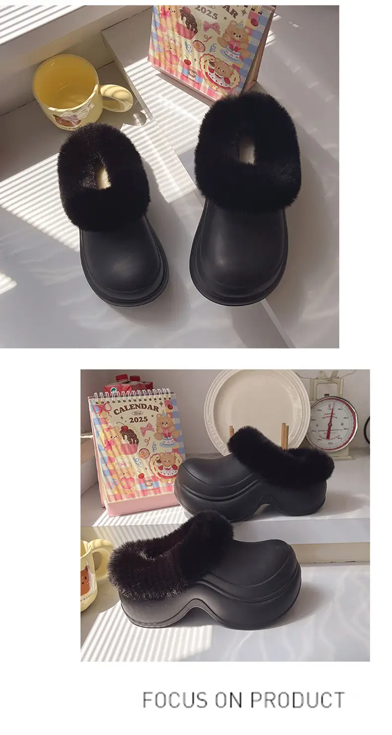 Nanbowan Waterproof Thick-Soled Heightening Toe-Cap Half Slippers for Women to Wear Outside in Winter Fleece-Lined Clogs for Small People Cotton Slippers — feature 15
