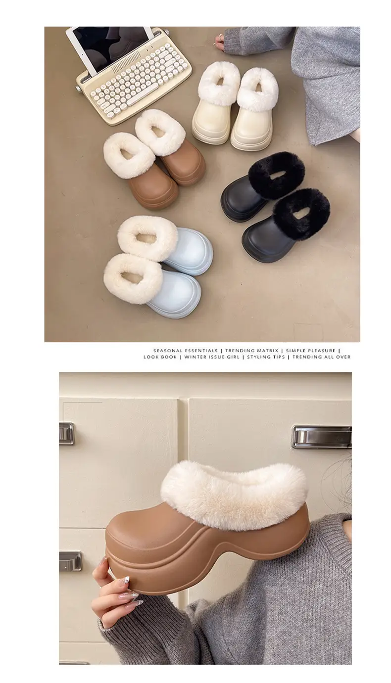 Nanbowan Waterproof Thick-Soled Heightening Toe-Cap Half Slippers for Women to Wear Outside in Winter Fleece-Lined Clogs for Small People Cotton Slippers — feature 5