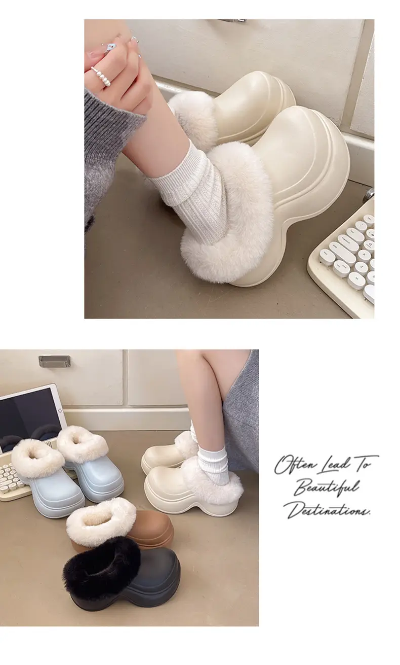 Nanbowan Waterproof Thick-Soled Heightening Toe-Cap Half Slippers for Women to Wear Outside in Winter Fleece-Lined Clogs for Small People Cotton Slippers — feature 9