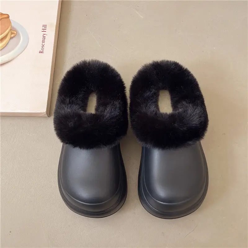 Nanbowan Waterproof Thick-Soled Heightening Toe-Cap Half Slippers for Women to Wear Outside in Winter Fleece-Lined Clogs for Small People Cotton Slippers - Image 4
