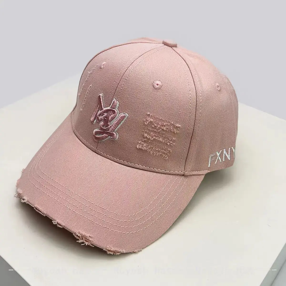 Pink Ripped Embroidered Ny Letter Cap Unisex - Image 5