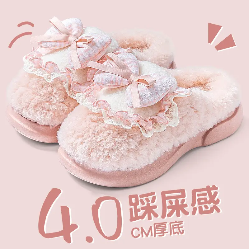 Bow Cotton Slippers for Women Warm Indoor Winter
